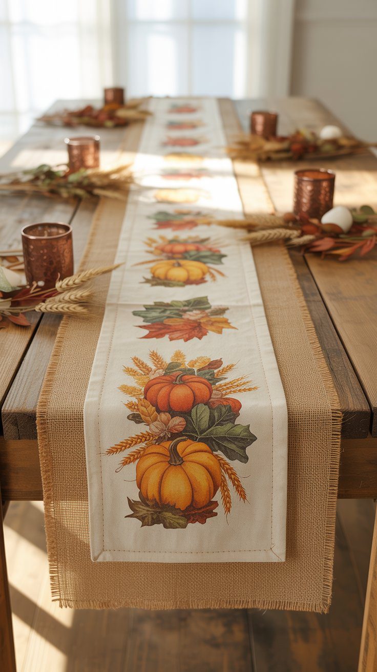 Rustic Fall Tablescape Ideas: Pumpkin Centerpieces, Burlap Runner & Copper Candle Holders for Cozy Autumn Dining Decor.