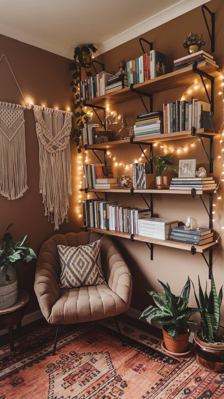 Floating shelves keep your books close without taking up floor space in your boho reading nook.