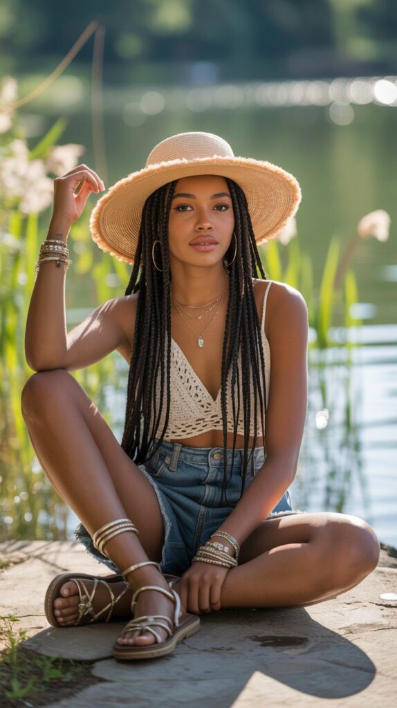 Boho Lakeside Outfit Inspiration: Crochet Top, Denim Shorts & Wide-Brimmed Hat for Summer Style in Nature.