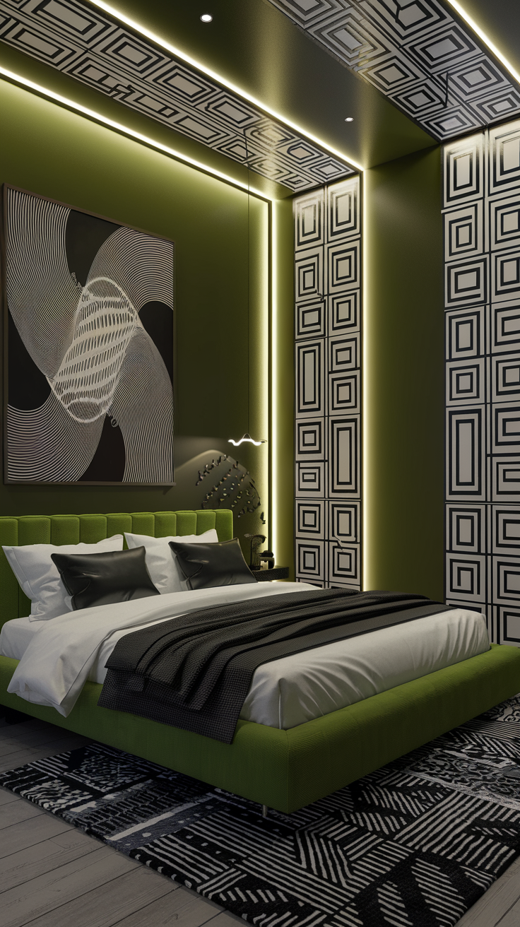 9 Green Bedroom Color Ideas: Chartreuse A chartreuse green bedroom with black and white geometric patterns, bold artwork, and a sleek, modern bed frame. The walls practically glow with energy and creativity.