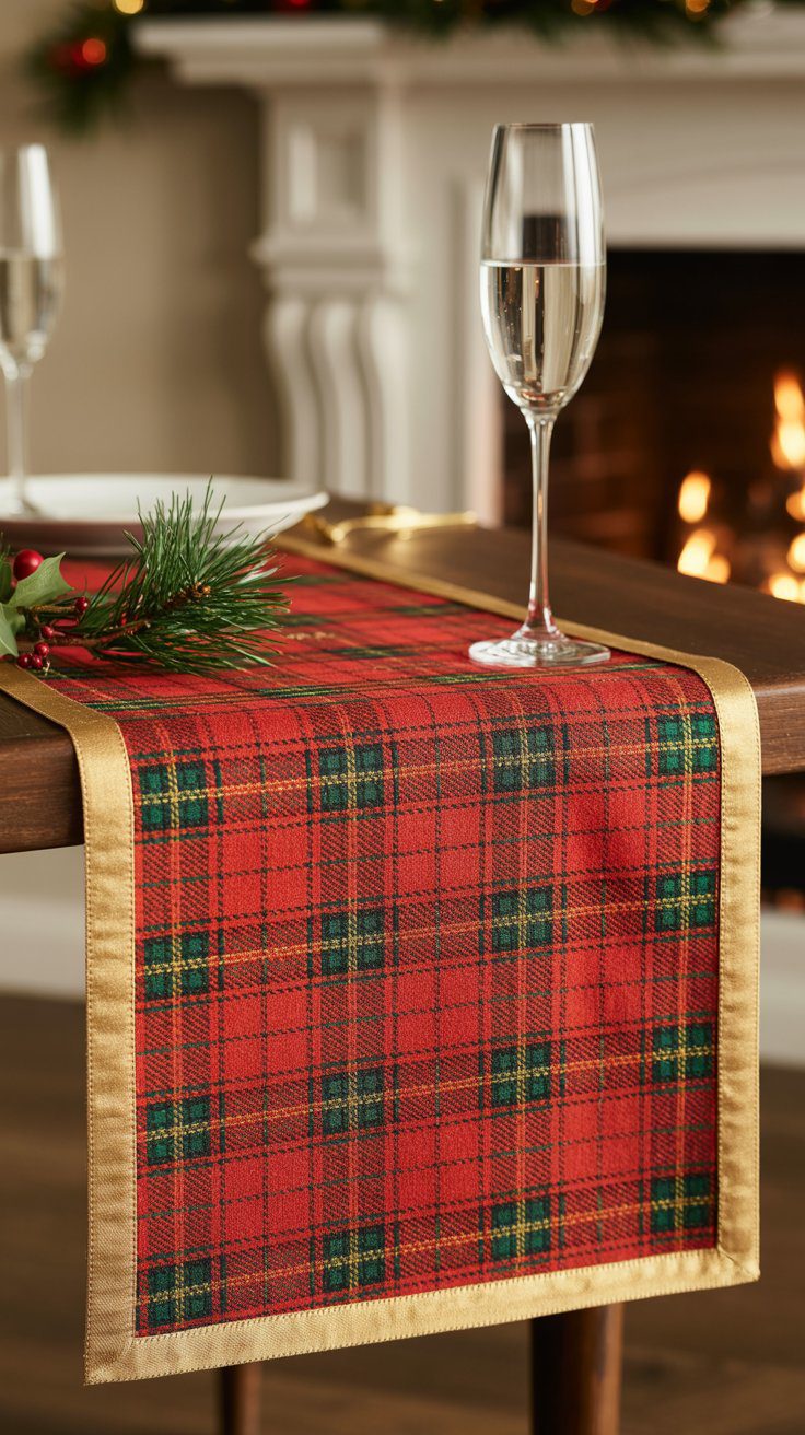 Festive Christmas Table Setting with Plaid Runner, Elegant Plate, Champagne, and Pine Decor by Cozy Fireplace.