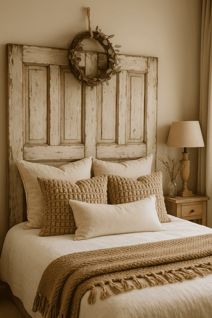 Discover a charming bedroom with a vintage door headboard, layered textures, playful decor, and rustic touches throughout.
