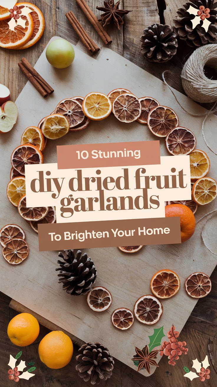 On a rustic wooden table, slices of dried citrus fruits form a perfect circle. Pinecones, cinnamon sticks, and small apples are artfully scattered about. The overlay reads, 10 Stunning DIY Dried Fruit Garlands to Brighten Your Home.