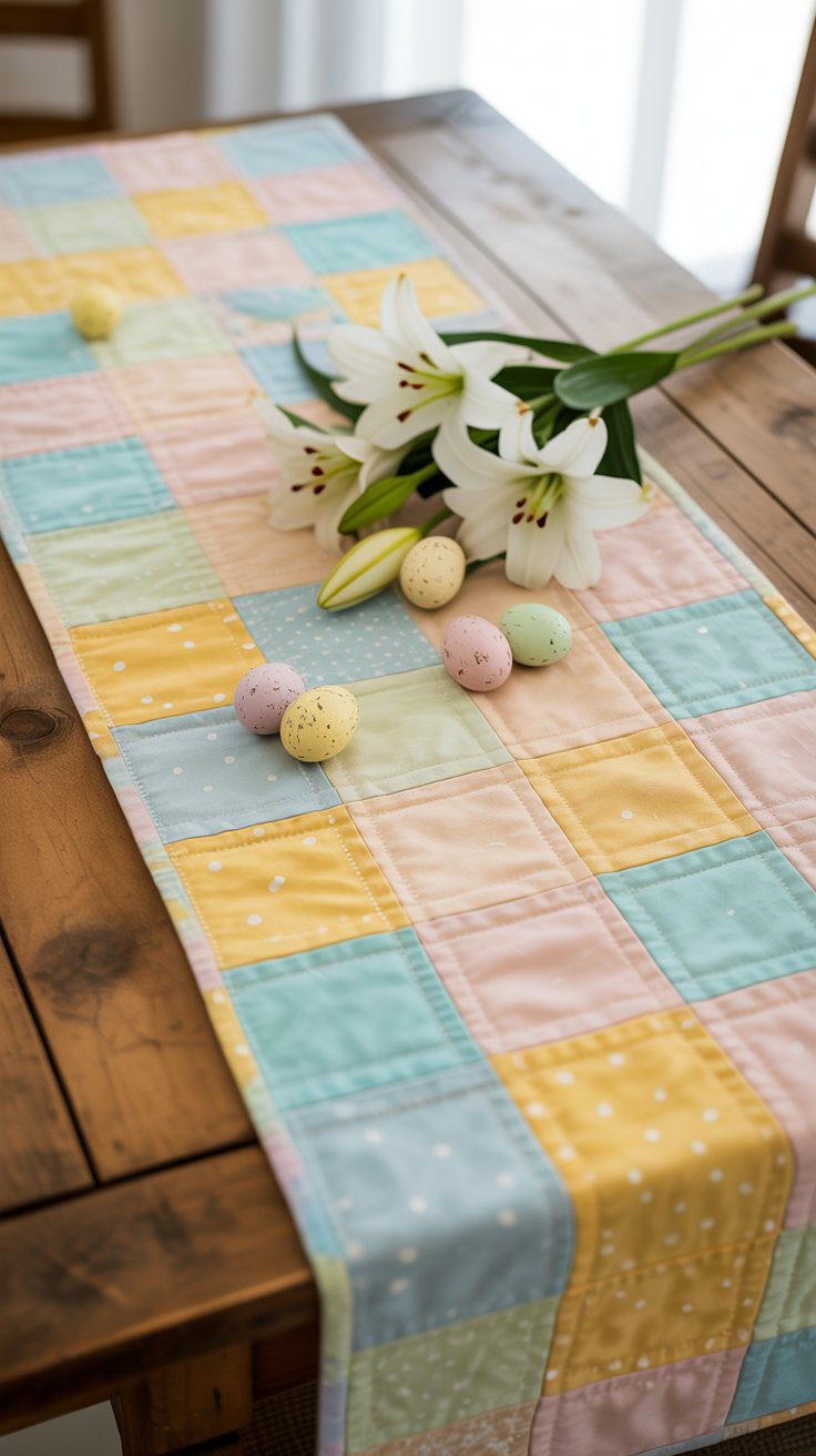 Spring Patchwork Table Runner Centerpiece with Speckled Eggs and White Lilies – Easter Dining Room Decor Ideas.