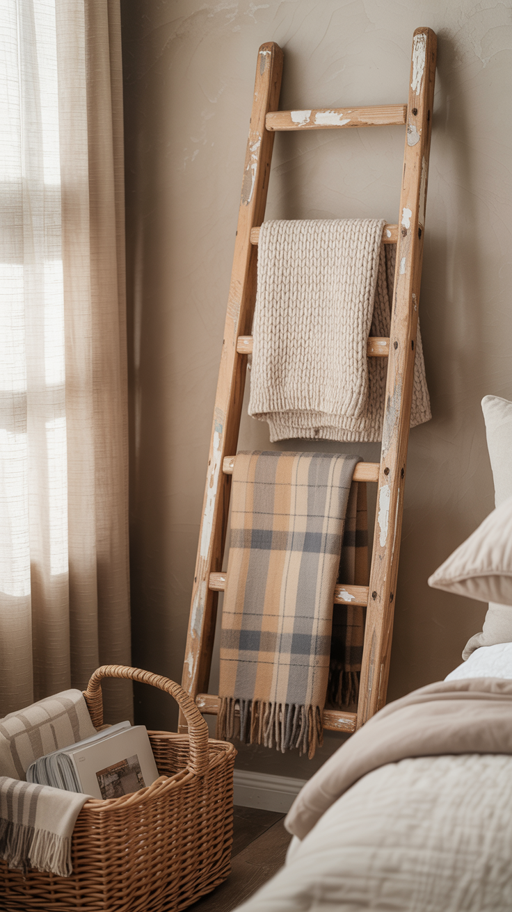 Cozy bedroom corner featuring folded blankets draped on a rustic ladder and extra throws in a wicker basket beside a beige wall.