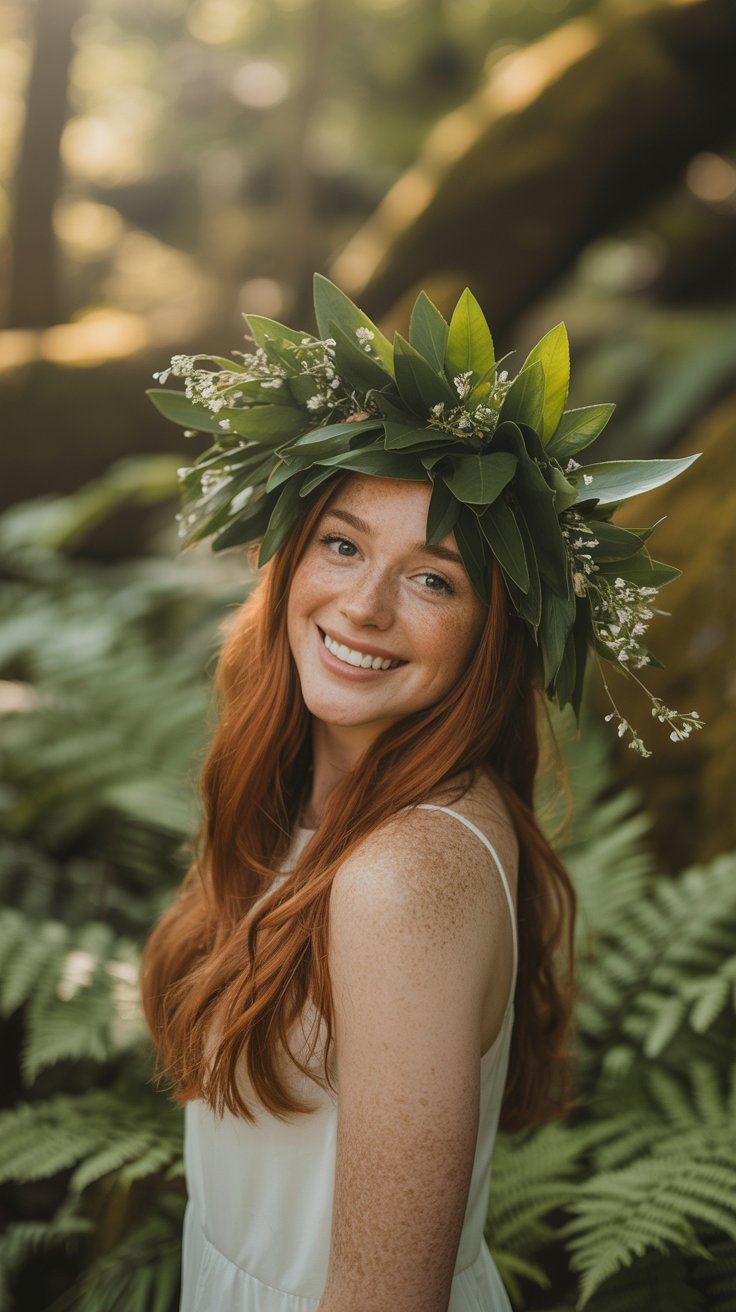 Amid a sunlit forest, a joyful woman adorned in a leafy crown and white dress embodies the beauty and creativity of nature-inspired crafts.