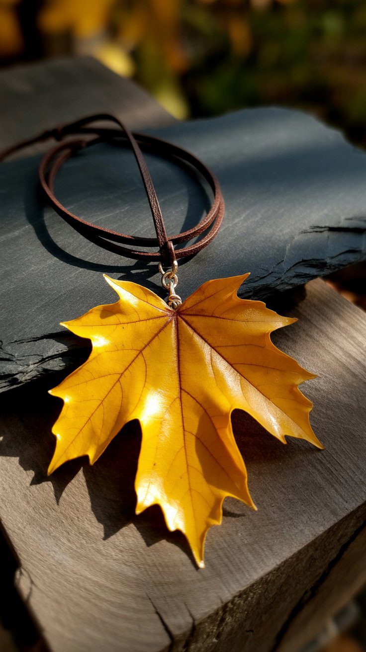 A radiant yellow maple leaf pendant, crafted as nature-inspired jewelry, gleams on a rustic background—showcasing the beauty of creative leaf art.