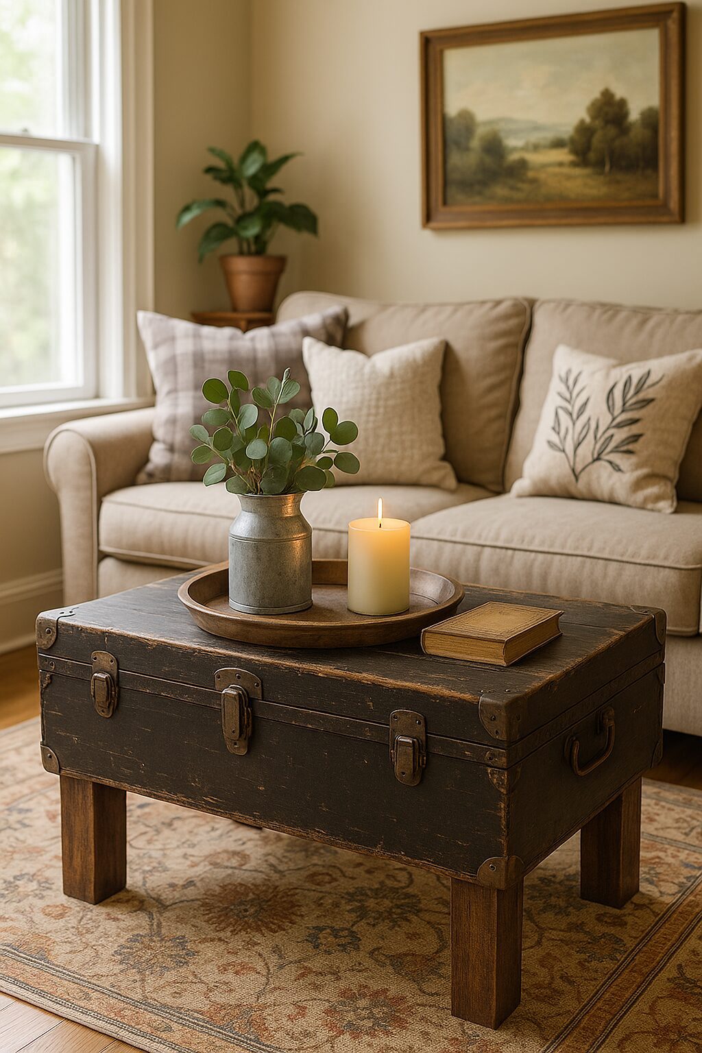 A welcoming living room with beige seating, stylish wall art, and a trunk table topped with creative accents for funky decor flair.