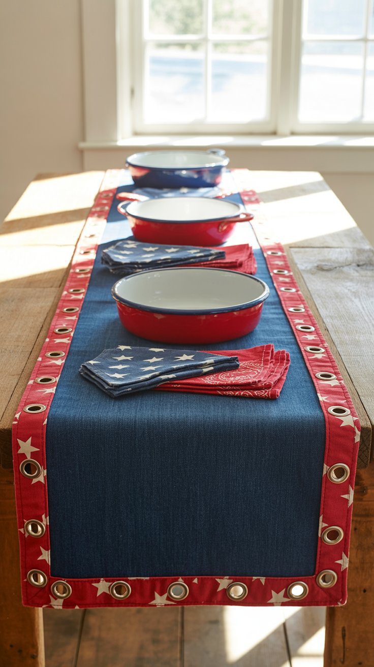 Patriotic Tablescape Ideas with Red, White & Blue Decor: Star-Spangled Napkins and Enamel Bowls for Fourth of July Entertaining.