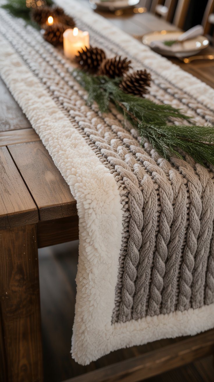 Cozy Knit Table Runner Holiday Centerpiece with Pinecones, Candles & Evergreen – DIY Christmas Table Decor Ideas.