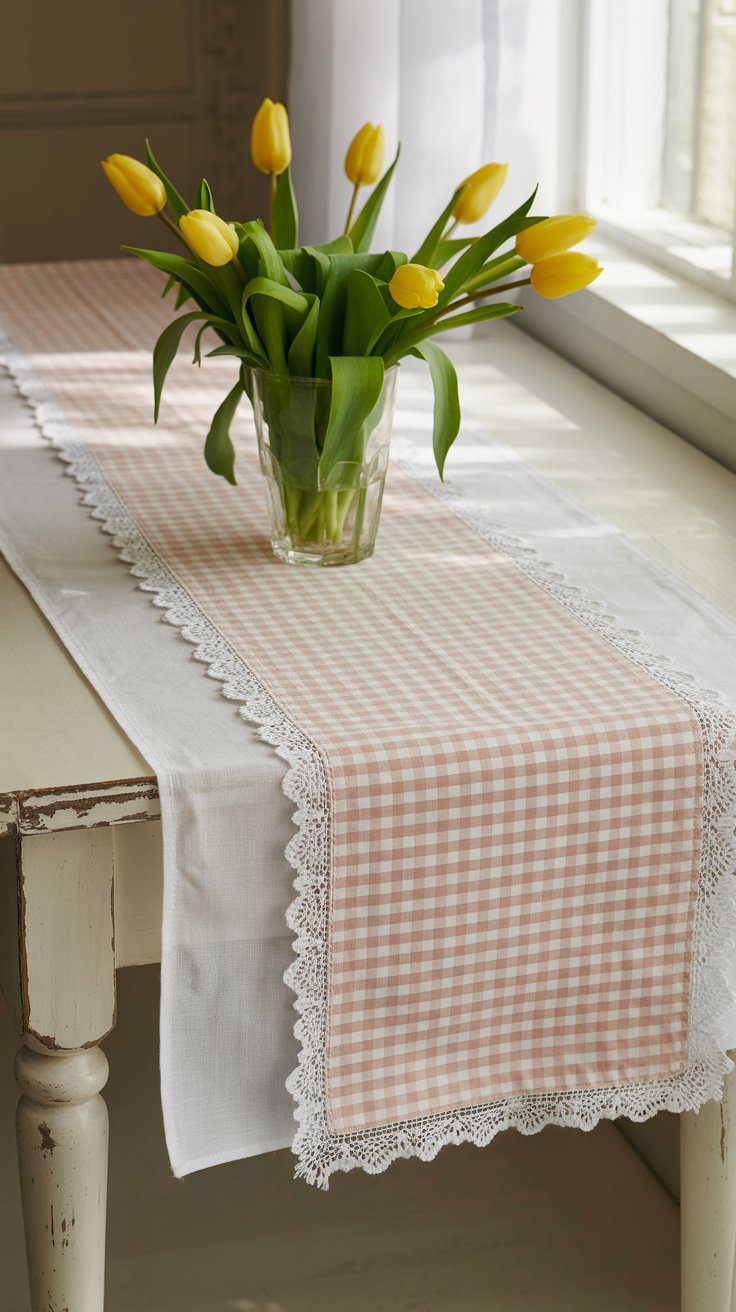 Spring Table Decor Ideas: Yellow Tulips in Glass Vase on Gingham Runner for Bright, Sunlit Dining Room Styling.