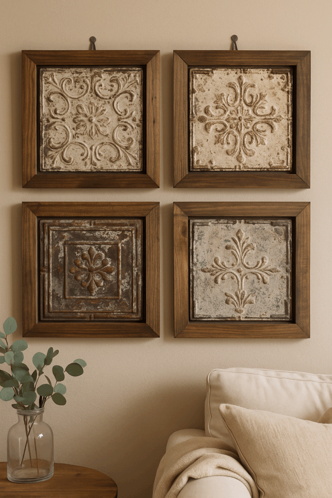 Vintage tin wall art in wood frames forms a grid above a cream sofa, with a glass vase of eucalyptus on a round table close by.