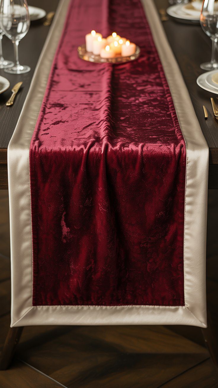 Elegant Fall Tablescape with Burgundy Velvet Table Runner, Candle Centerpiece & Stylish Wood Dining Decor Ideas for Entertaining.