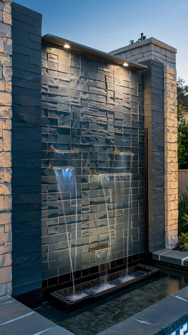 Transform your backyard into a serene oasis with a modern stone wall water feature, featuring two cascading streams under soft lighting. The dark stacked stones elegantly guide the water into a shallow pool, creating a tranquil outdoor retreat at dusk.