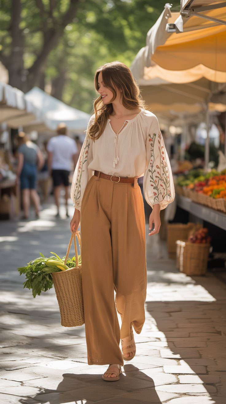 Chic Spring Farmers Market Outfit Inspiration: White Embroidered Blouse, Wide-Leg Pants & Woven Basket With Fresh Produce.