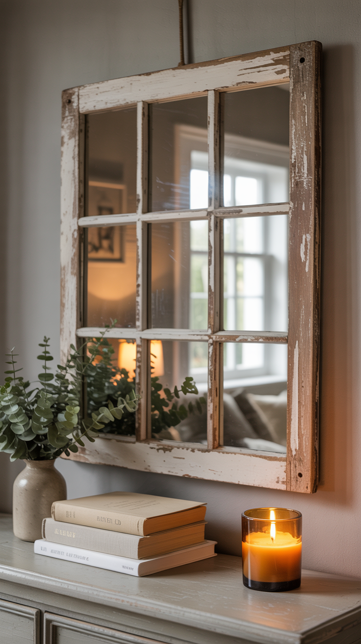 Create a welcoming space with a rustic window mirror, glowing candle, lush greenery, and books—charming touches for your home.