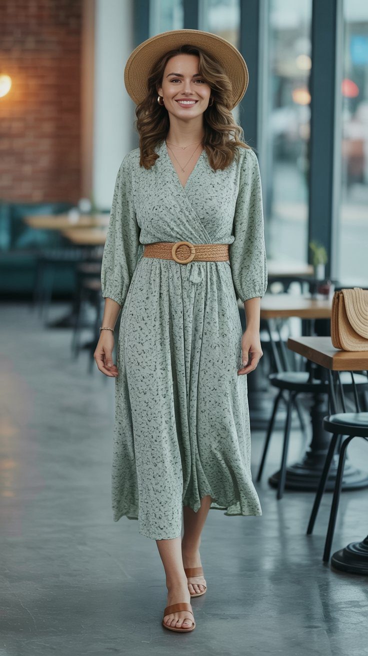 Chic Summer Outfit Ideas: Floral Dress, Straw Hat & Accessories for Effortless Indoor Brunch Style in Bright Modern Spaces.