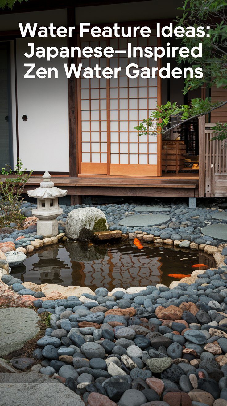A tranquil Japanese garden transforms your backyard into a serene oasis featuring a small pond with koi fish, surrounded by smooth stones. A traditional stone lantern and shoji screen complete the peaceful setting. Text overlay reads, Water Feature Ideas: Japanese-Inspired Zen Water Gardens.