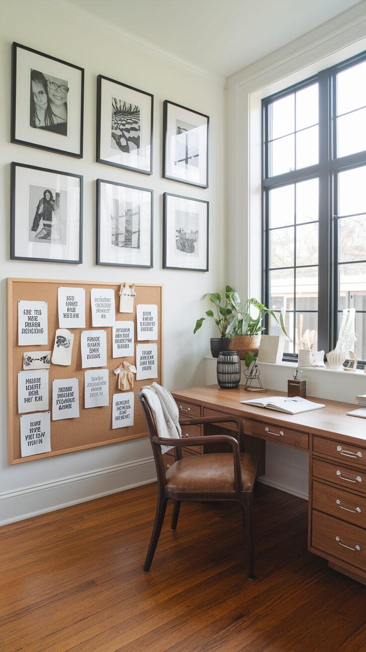 A cozy home office that embodies modern cottage office designs showcases a wooden desk and chair. Black-and-white framed photos and a corkboard with inspiring quotes adorn the walls. Natural light streams through the window, while a potted plant adds an adored touch of greenery.