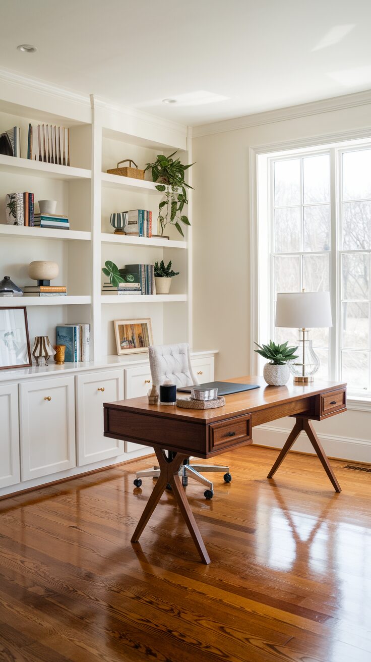 A bright, inspiring office design with a wooden desk, a white upholstered chair, and a large window. Shelves on the left hold books, vases, and plants. A lamp and small plant grace the desk. The polished wood floor completes this modern cottage office design.