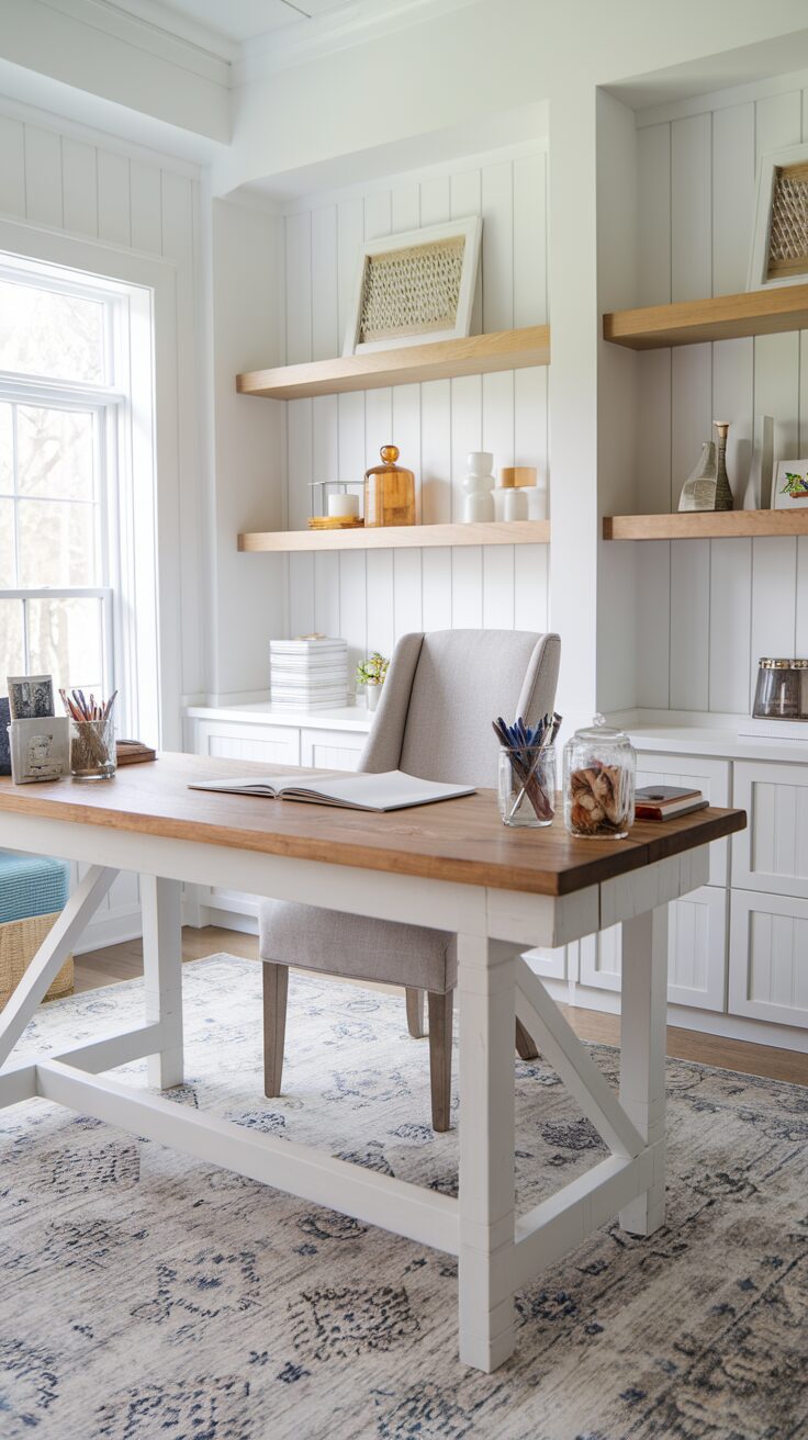 A cozy modern cottage office features a wooden desk and padded chair by the window. Shelves display books, jars, and decor items. The bright room boasts white walls and an intricate patterned rug, embodying a serene blend of rustic charm and contemporary style.