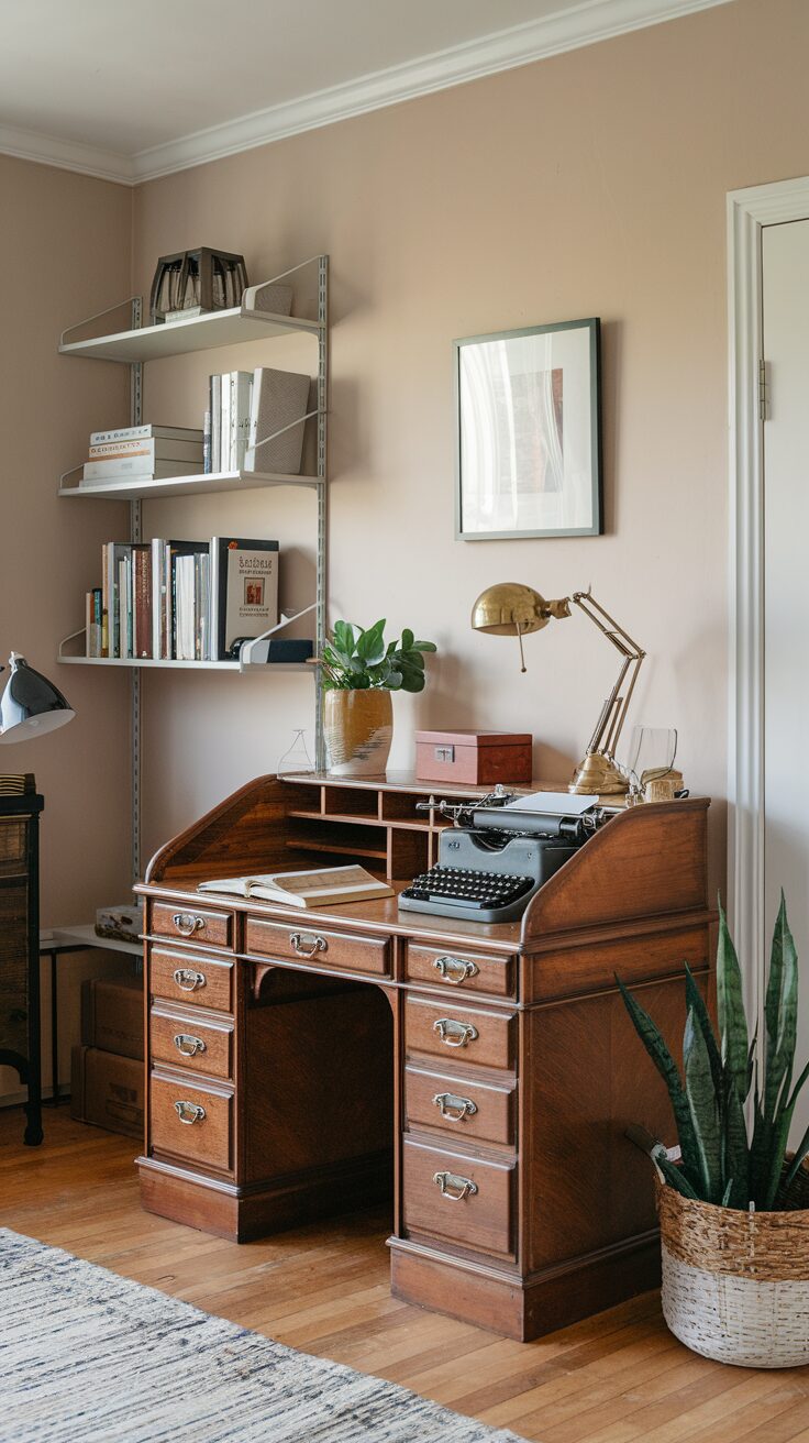 A cozy modern cottage office with a vintage wooden desk, typewriter, and brass lamp is surrounded by lush plants. An inspiring design features a wall-mounted shelf of books and a striped rug on the hardwood floor against soft beige walls.