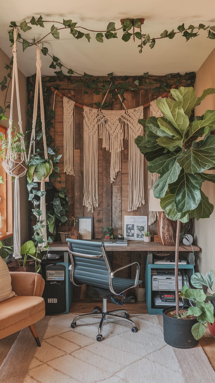 A cozy home office nook blends modern cottage office design with wooden walls and hanging macramé decor. A sleek chair sits at a wooden desk, surrounded by lush green plants like a fiddle leaf fig. Warm lighting and natural textures add to the inviting atmosphere.