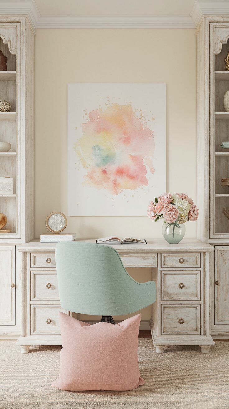 A cozy cottage office boasts a pastel green chair in front of a wooden desk adorned with pink flowers. A large watercolor painting graces the cream wall, framed by bookshelves filled with treasures. A pink cushion softens the floor, embodying inspiring office designs.