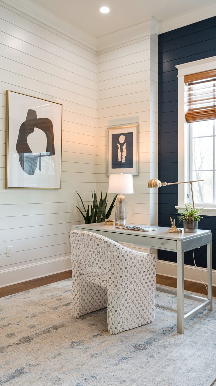 A modern cottage office with shiplap walls showcases a sleek desk and patterned chair. Adore the table lamp, potted plant, and abstract artwork. Natural light streams through a window with wooden blinds, creating an inspiring design sanctuary.