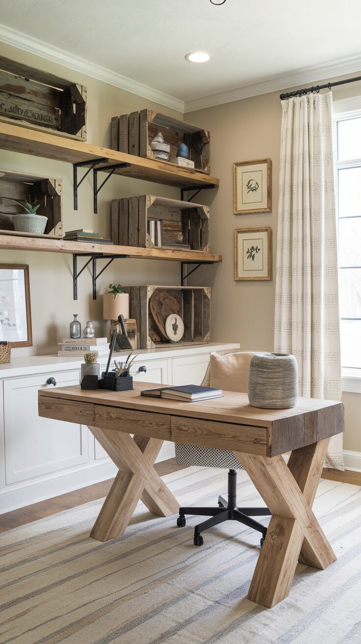 A cozy modern cottage office with a large wooden desk, cushioned chair, and built-in white cabinets. Wooden shelves display decor and books. Natural light streams through a window with beige curtains, while neutral tones create a calming atmosphere in this inspiring design.