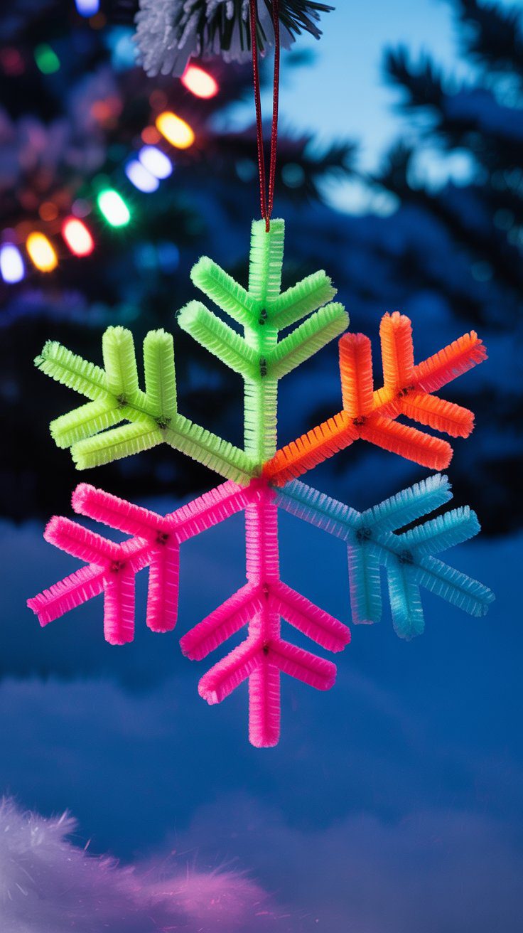 A bright pipe cleaner “10” ornament hangs on a tree, with blurred snow and holiday lights behind—showcasing crafty festive designs.