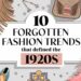 Illustration of 1920s fashion items encircling text that reads 10 Forgotten Fashion Trends that Defined the 1920s. Highlights include a fringed dress, jewelry, purse, shoes, champagne glasses, and a pink feather boa on a decorative background celebrating iconic 1920s style.