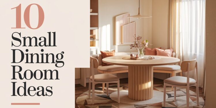A cozy dining room features a round wooden table with four chairs, embraced by soft cushions. Warm lighting and a geometric rug enhance the inviting ambiance, ideal for functional spaces. Text on the image reads 10 Small Dining Room Ideas.