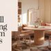 A cozy dining room features a round wooden table with four chairs, embraced by soft cushions. Warm lighting and a geometric rug enhance the inviting ambiance, ideal for functional spaces. Text on the image reads 10 Small Dining Room Ideas.