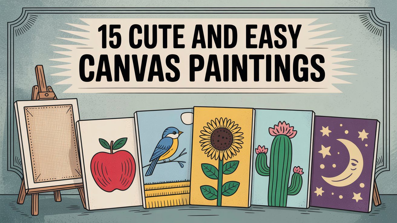 A colorful banner saying "15 Cute and Easy Canvas Paintings" sits above playful icons and a blank canvas on an easel.