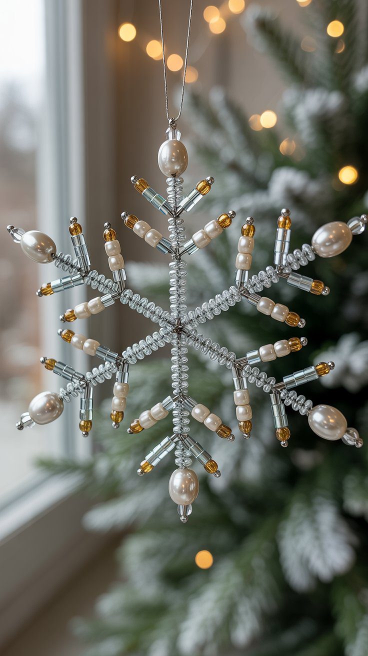 Product 6, a white and gold beaded snowflake ornament inspired by DIY crafts, hangs before a twinkling tree and window.