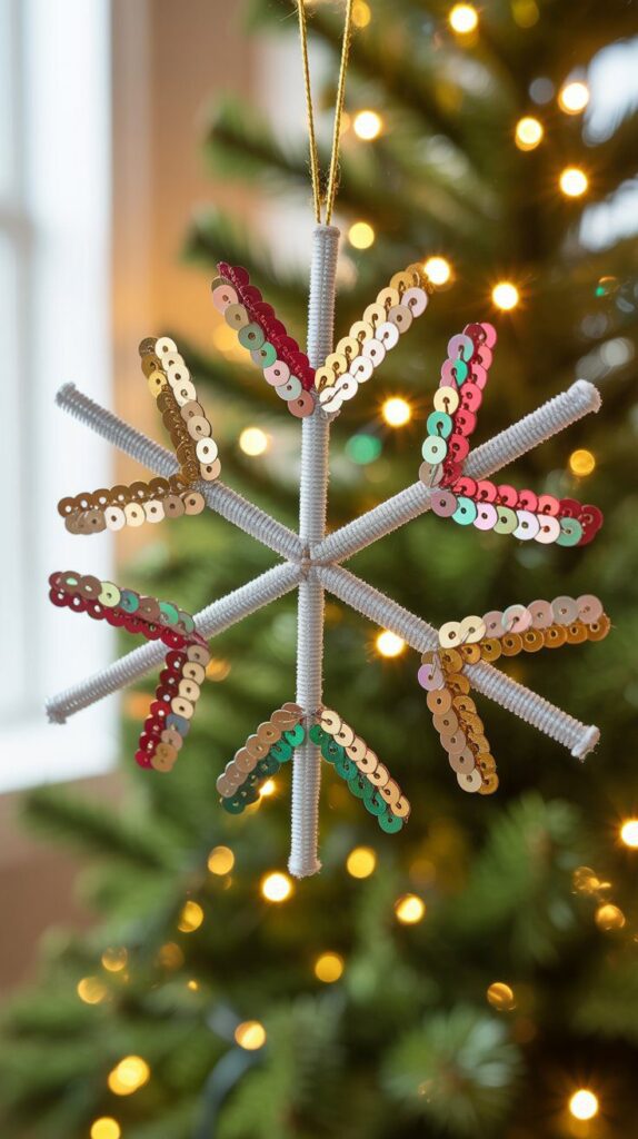 An 8-point white pipe cleaner snowflake, bright with sequins, dangles before a glowing Christmas tree for festive flair.