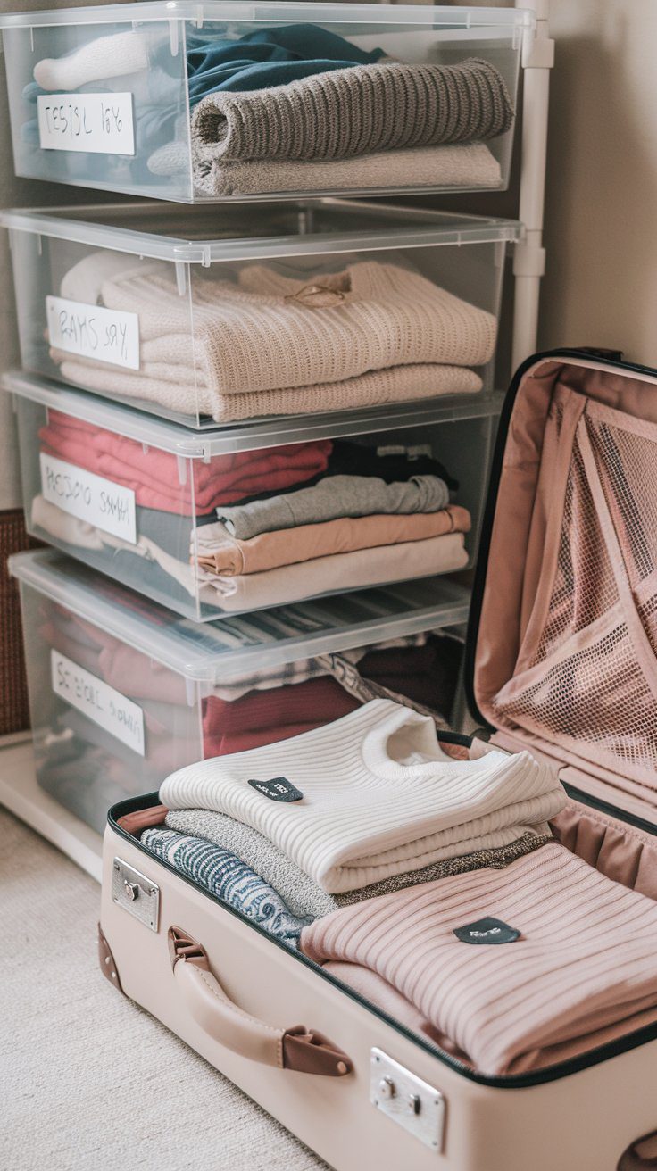 A neatly organized suitcase holds folded sweaters. Behind it, a clear plastic drawer set contains more folded clothes. Each drawer features a label with handwritten text. The room has a tidy and minimalist aesthetic.