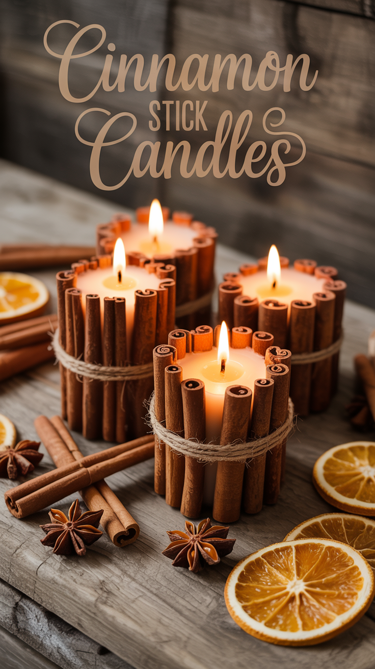 You’re making rustic, aromatic candles by wrapping plain pillars in natural cinnamon sticks. These look high-end on mantles and smell like pure winter comfort when the wax warms.