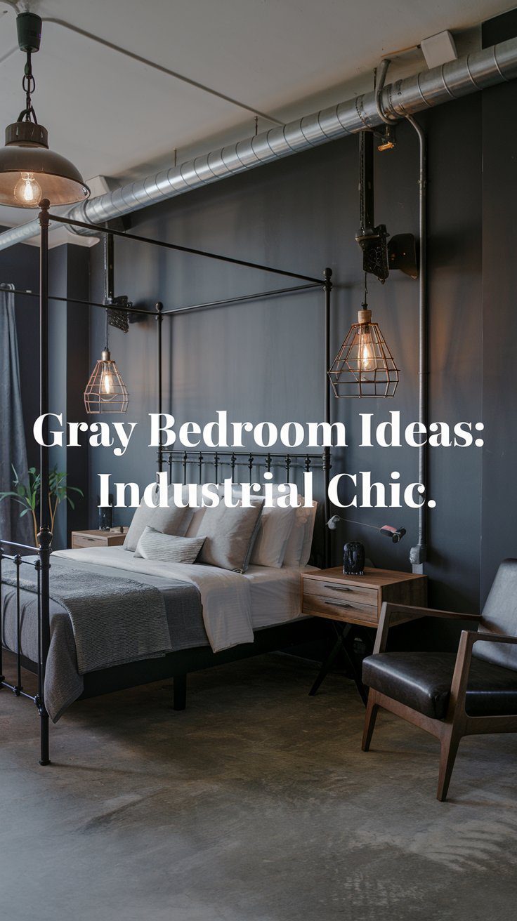 Industrial chic bedroom with dark gray walls, exposed ductwork, and a metal bed frame. Features wooden side tables, pendant lights, and a leather chair. This elegant retreat exudes style with its sophisticated design—your perfect inspiration for gray bedroom ideas: industrial chic.
