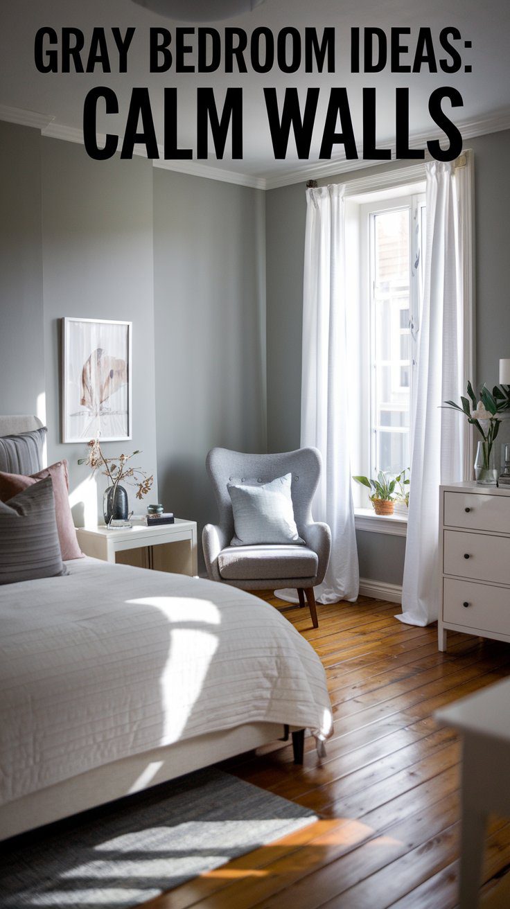 A cozy retreat, this bedroom showcases gray walls and a bed adorned with white bedding. A gray armchair rests by the window dressed in sheer curtains. Beside the bed, a table with a plant and framed art complete the space. Text reads, Gray Bedroom Ideas: Calm Walls.