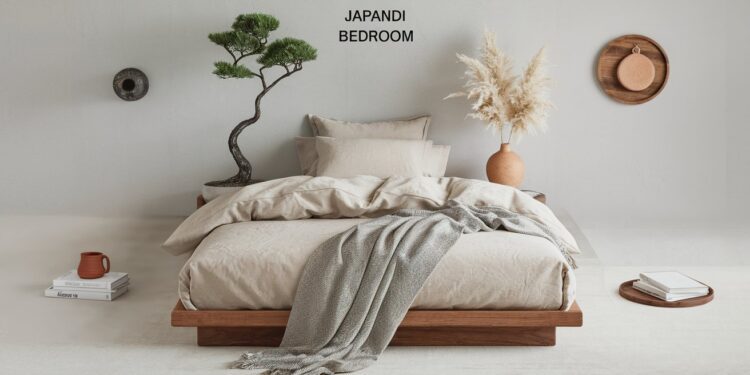 A Japandi Bedroom styled with serene ideas boasts a low wooden bed adorned with beige bedding and a gray throw. A bonsai tree and pampas grass elevate the tranquil atmosphere. Walls feature pottery, while a wooden tray adds charm. Text reads JAPANDI BEDROOM.