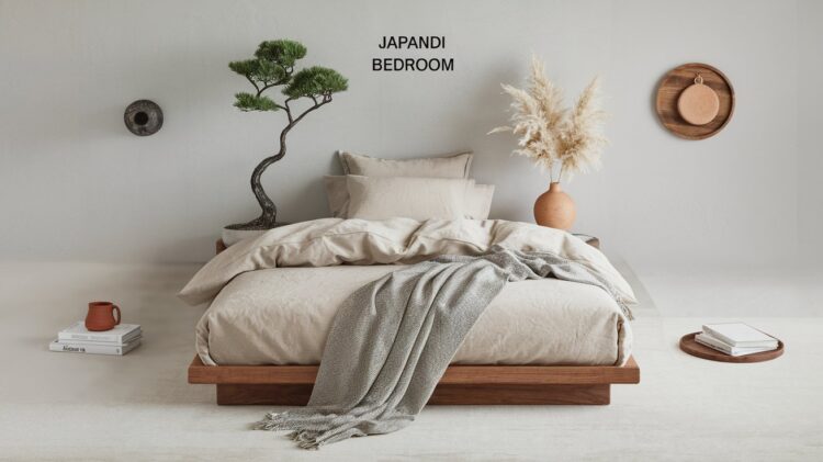 A Japandi Bedroom styled with serene ideas boasts a low wooden bed adorned with beige bedding and a gray throw. A bonsai tree and pampas grass elevate the tranquil atmosphere. Walls feature pottery, while a wooden tray adds charm. Text reads JAPANDI BEDROOM.