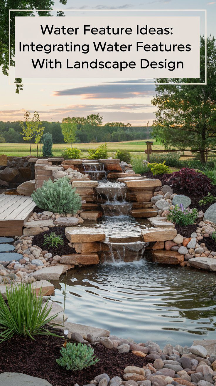 A landscaped garden features a cascading waterfall surrounded by rocks and lush greenery. A caption reads, Water Feature Ideas: Integrating Water Features With Landscape Design. The background shows a field and a colorful sky.
