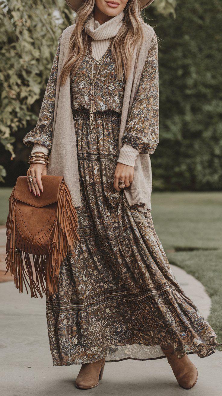 A woman in a cozy Boho outfit wears a floral maxi dress, beige shawl, and wide-brimmed hat. She holds a brown fringed bag, accessorized with layered necklaces and bracelets. She stands on a path with lush greenery in the background.