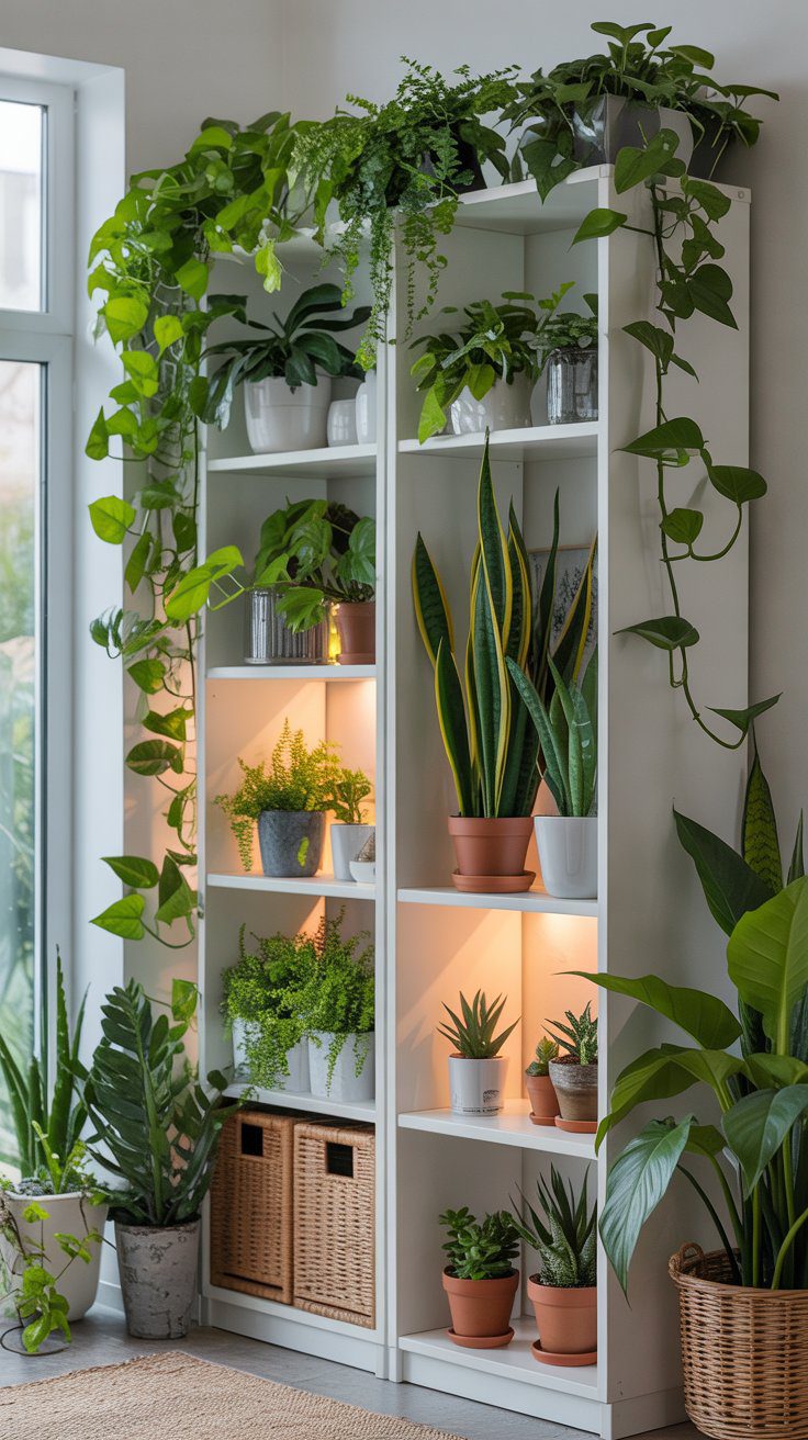 A sunlit window showcases a white plant stand with lush greenery; glowing shelves complete this cozy, Ikea-inspired indoor oasis.