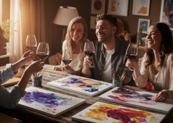 In a cozy room adorned with vibrant abstract paintings, four friends gather around a wooden table, wine glasses in hand and smiles on their faces. The warm lighting adds to the atmosphere, creating an inviting space perfect for sharing creative ideas and enjoying each others company.