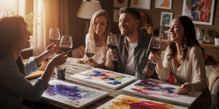 In a cozy room adorned with vibrant abstract paintings, four friends gather around a wooden table, wine glasses in hand and smiles on their faces. The warm lighting adds to the atmosphere, creating an inviting space perfect for sharing creative ideas and enjoying each others company.