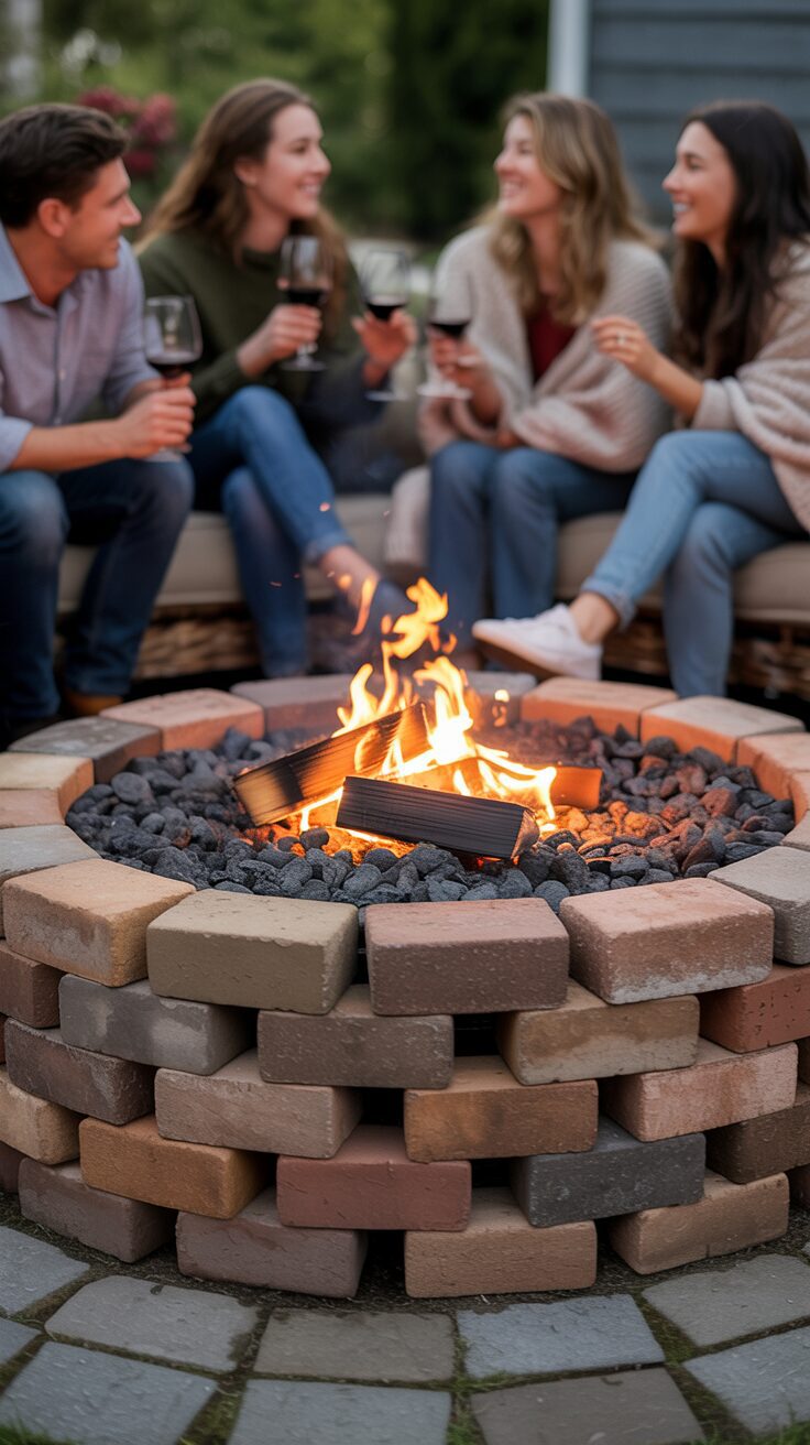 A group of friends enjoys a relaxed evening around a glowing fire pit in a transformed backyard, highlighting budget-friendly garden ideas that create a warm, inviting atmosphere.