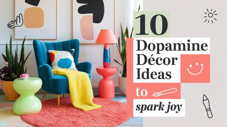A colorful room features a teal armchair with a yellow throw, a turquoise table, and a pink side table with a red lamp. Wall art, plants, and bold patterns surround the text: 10 Dopamine Décor Ideas to Spark Joy with playful graphics.